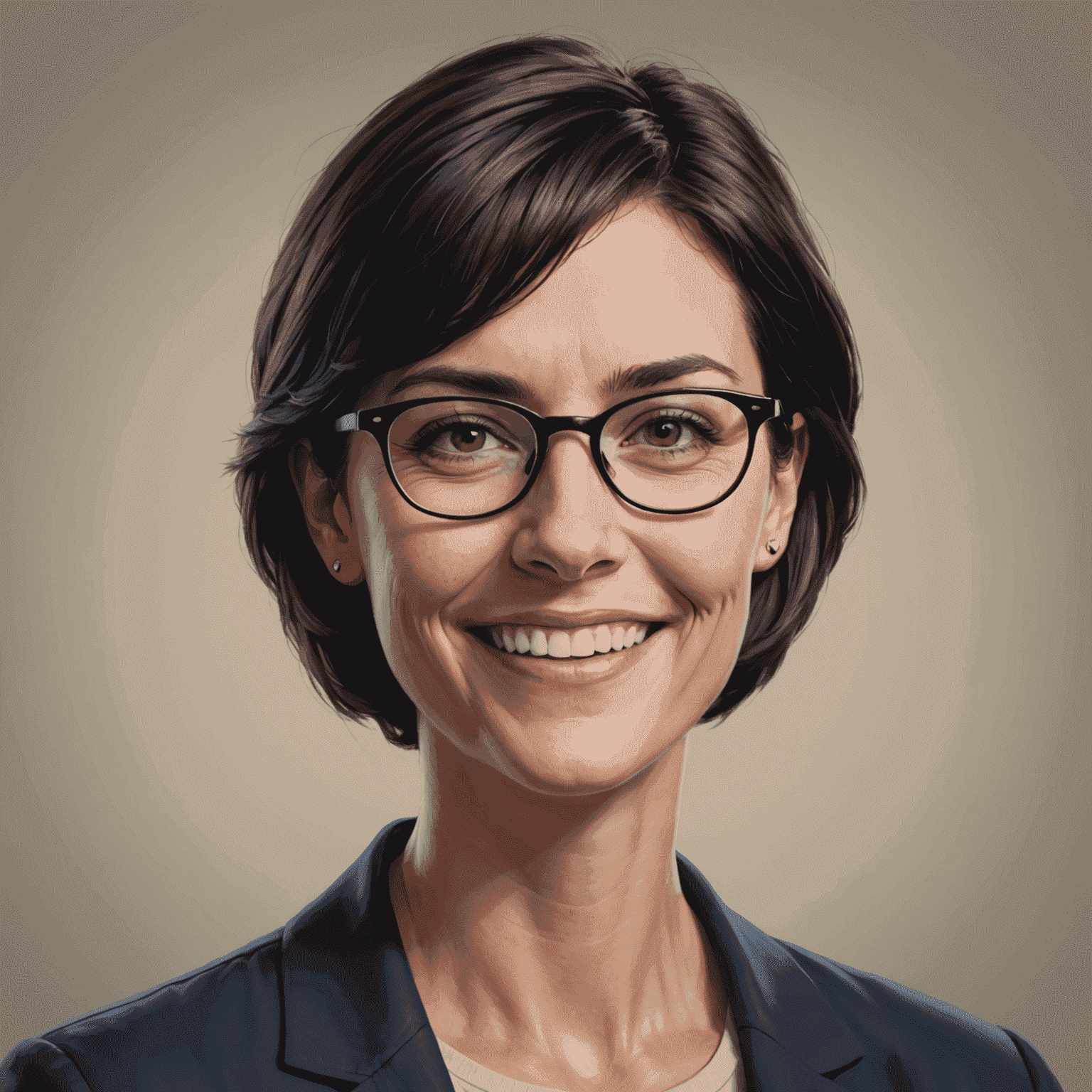 Portrait of Jane Doe, a woman in her 30s with short dark hair and glasses, smiling confidently