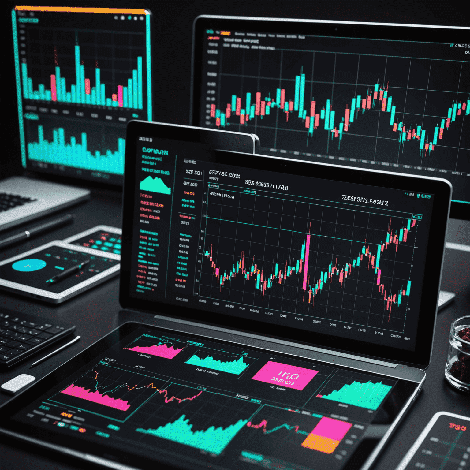 Animated illustration of trading charts and analysis tools with neon accents