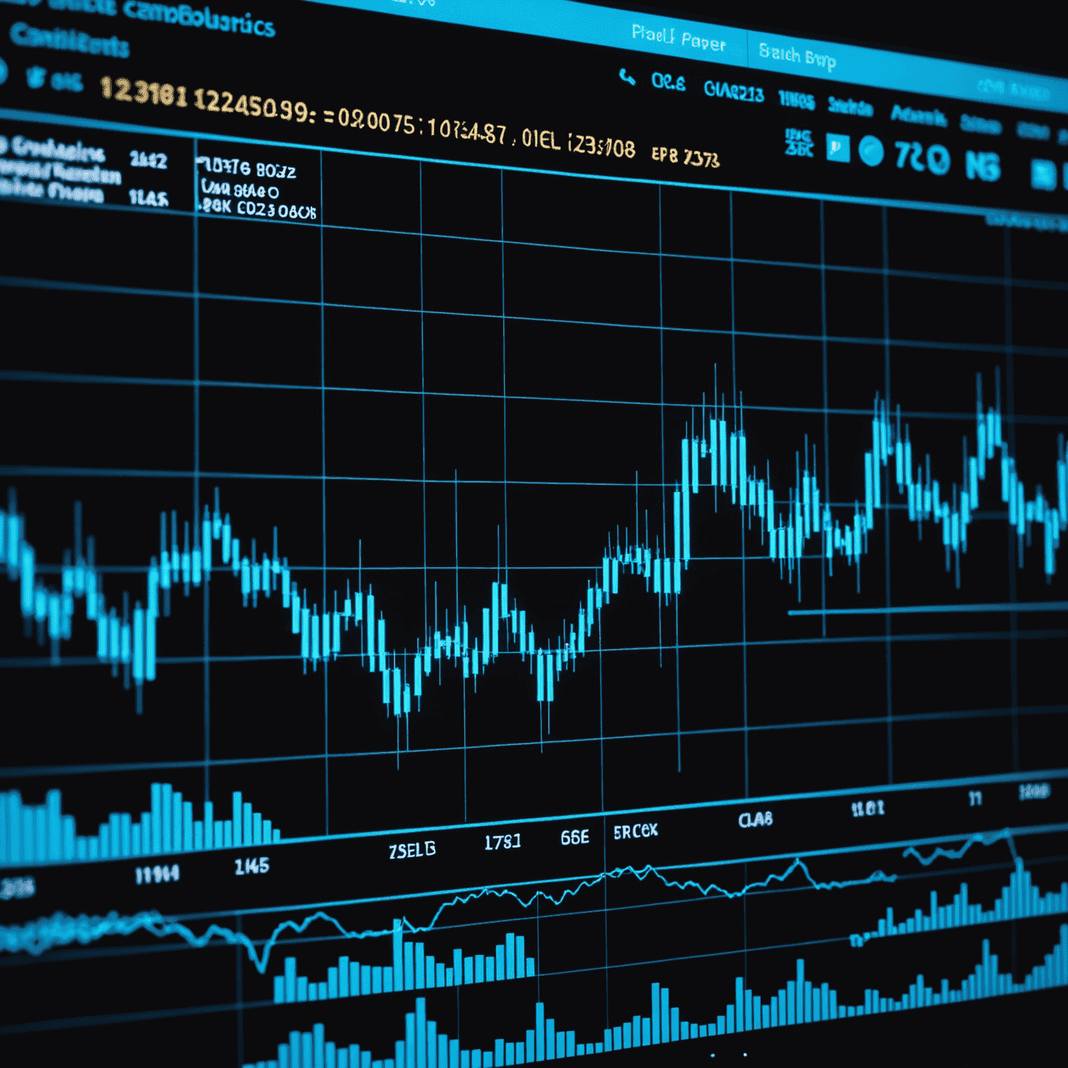 A graph showing various technical analysis indicators such as moving averages, RSI, and MACD overlaid on a candlestick chart. The image has a neon blue glow effect.