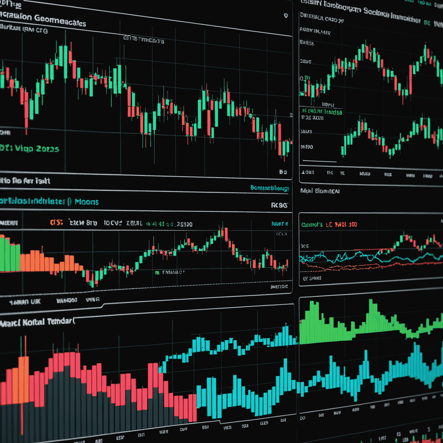 A colorful chart showing various technical analysis indicators such as moving averages, RSI, and MACD. The chart has a dark background with neon-colored lines representing different indicators and price movements.