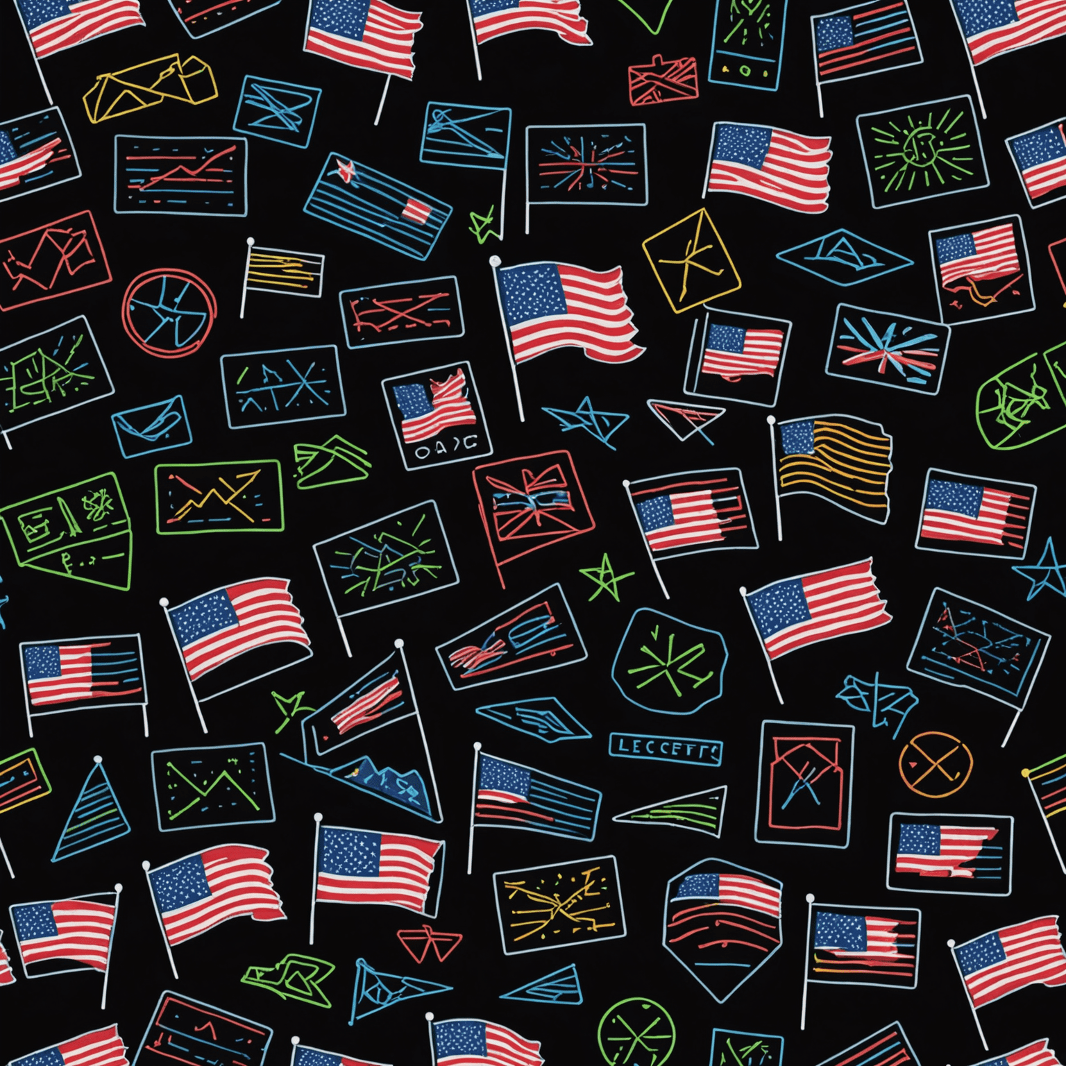 A collage of various chart patterns including head and shoulders, double top, and flag patterns, illustrated with neon lines on a dark background