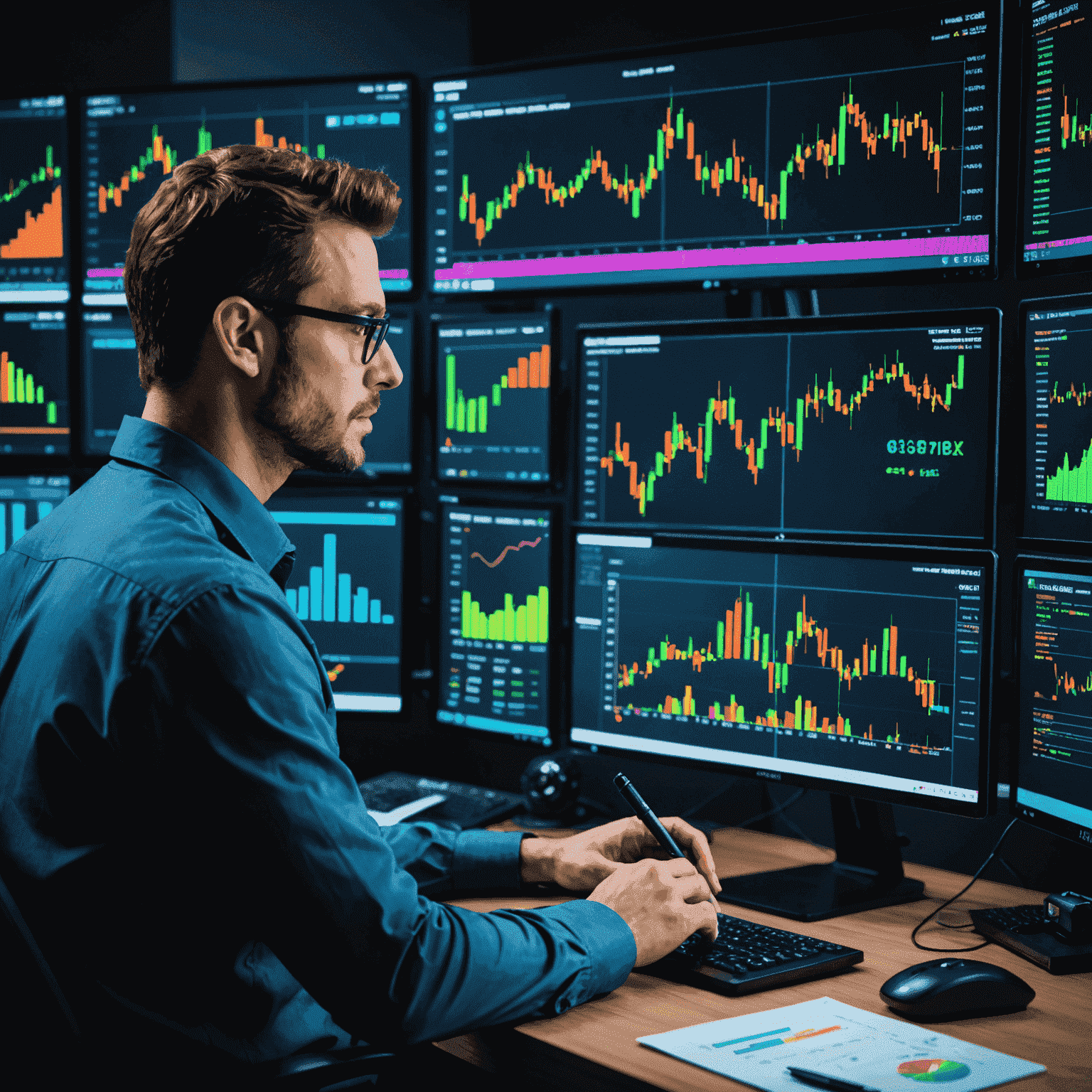 A trader analyzing risk management charts and graphs on multiple screens, with neon-colored indicators highlighting key risk areas