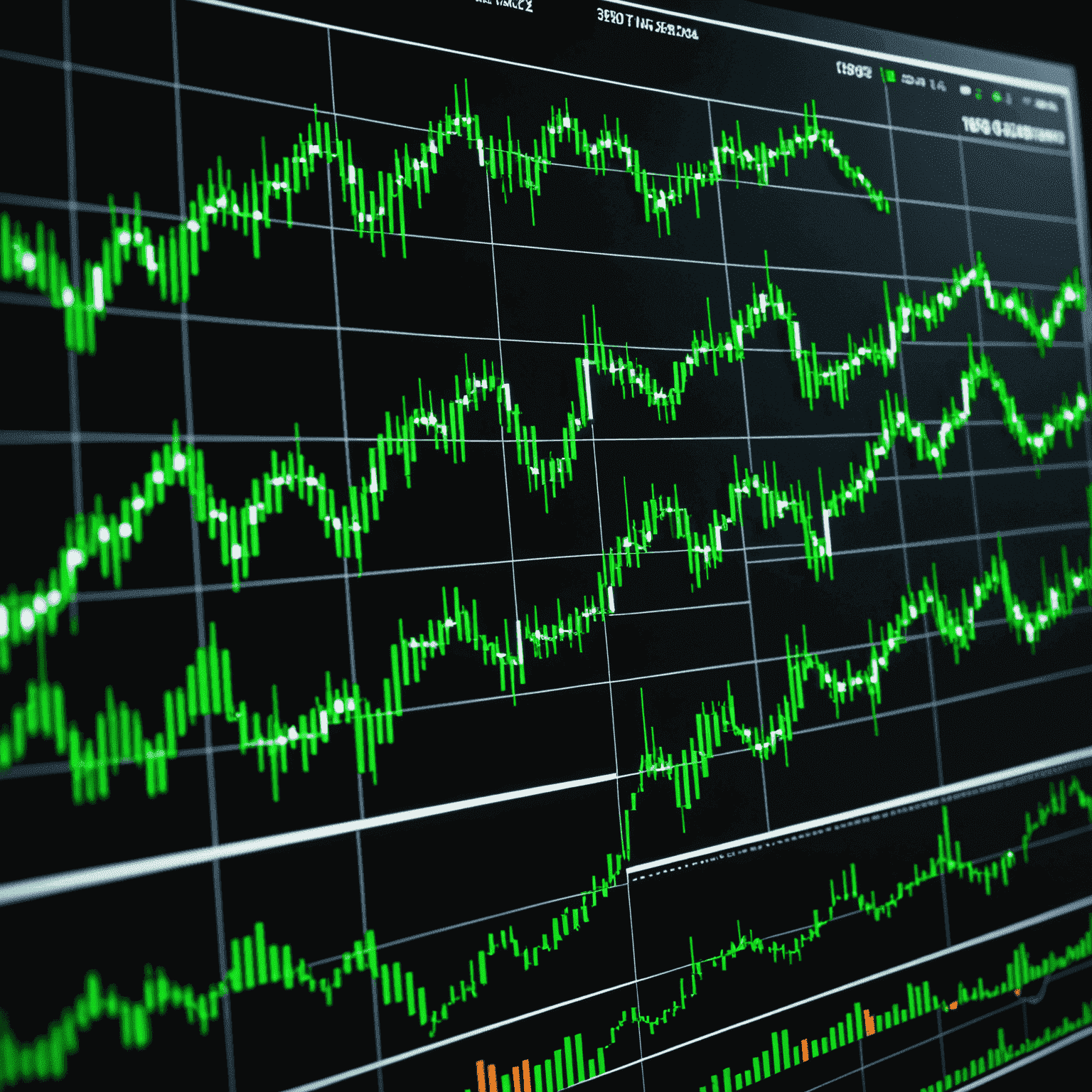 A chart showing various technical indicators such as moving averages, RSI, and MACD. The image has a neon green background with white lines representing price movements and indicators.