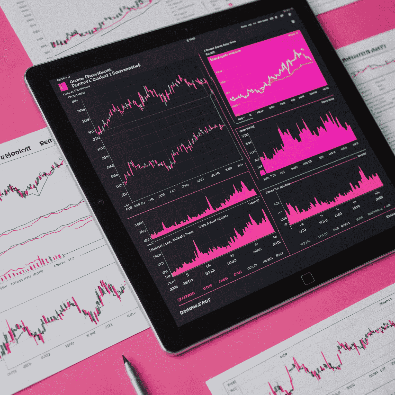 A split screen image showing a fundamental analysis report with financial statements on one side and a technical analysis chart with trend lines and indicators on the other. The image has a neon pink border.