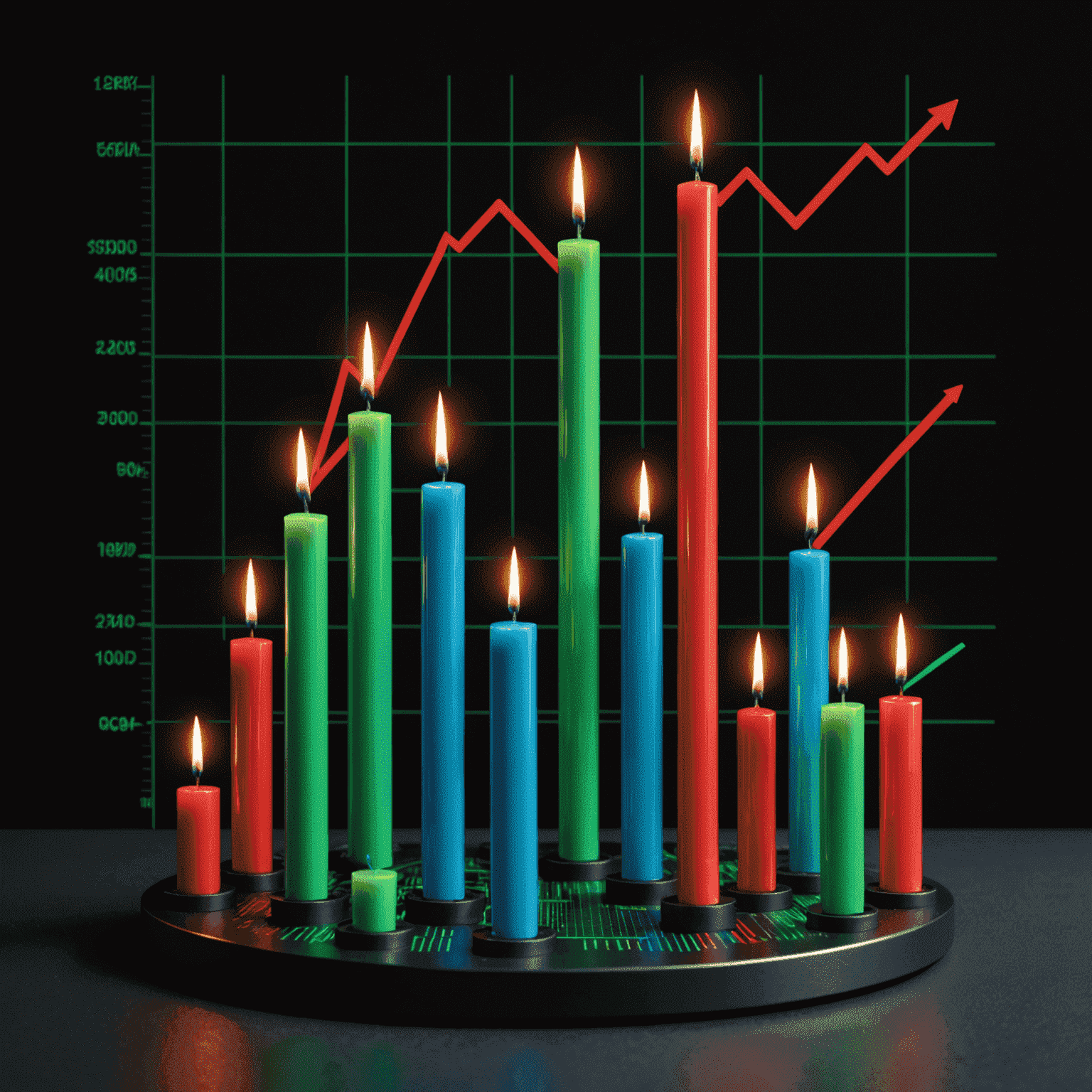 An illustration showing a candlestick chart with volume bars below. The chart uses neon colors against a dark background, with green and red candles representing price movements and blue volume bars.