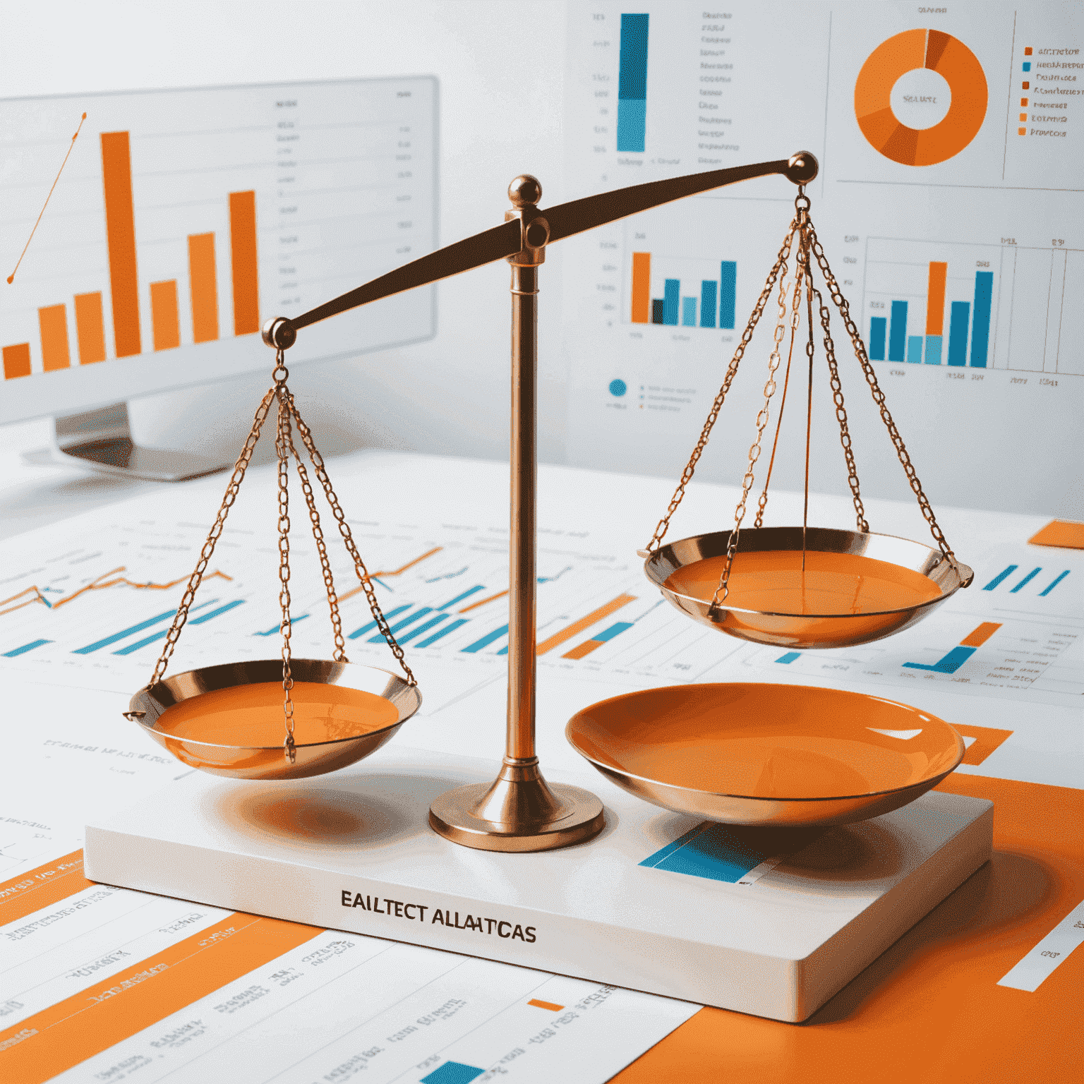 A split image showing a balance scale. On one side, financial statements and economic indicators represent fundamental analysis. On the other side, charts and graphs represent technical analysis. The background is bright orange with white elements.