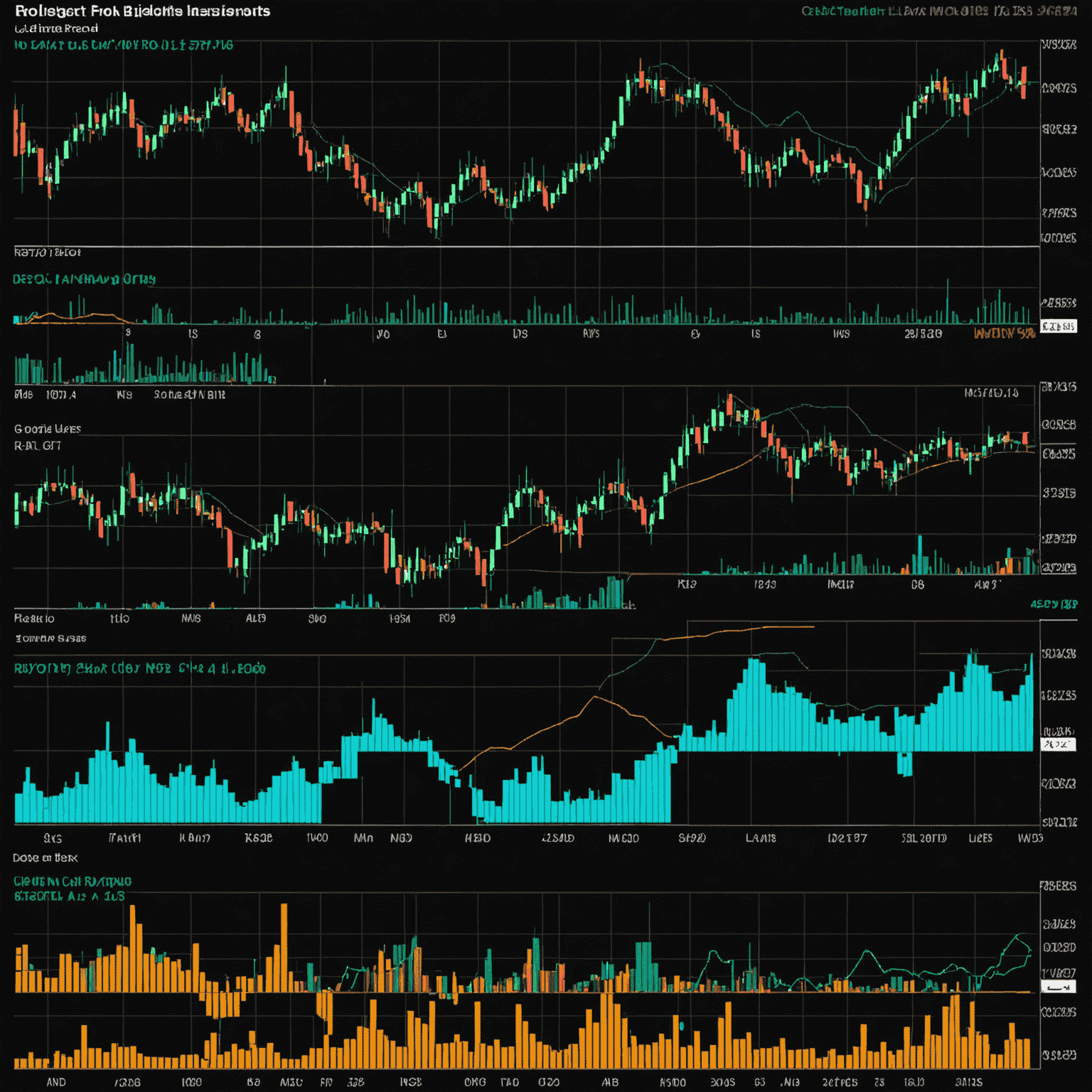 A collection of technical analysis tools including RSI, MACD, and Bollinger Bands displayed on a single chart. The image uses a dark background with neon-colored indicators, creating a visually striking and informative display.