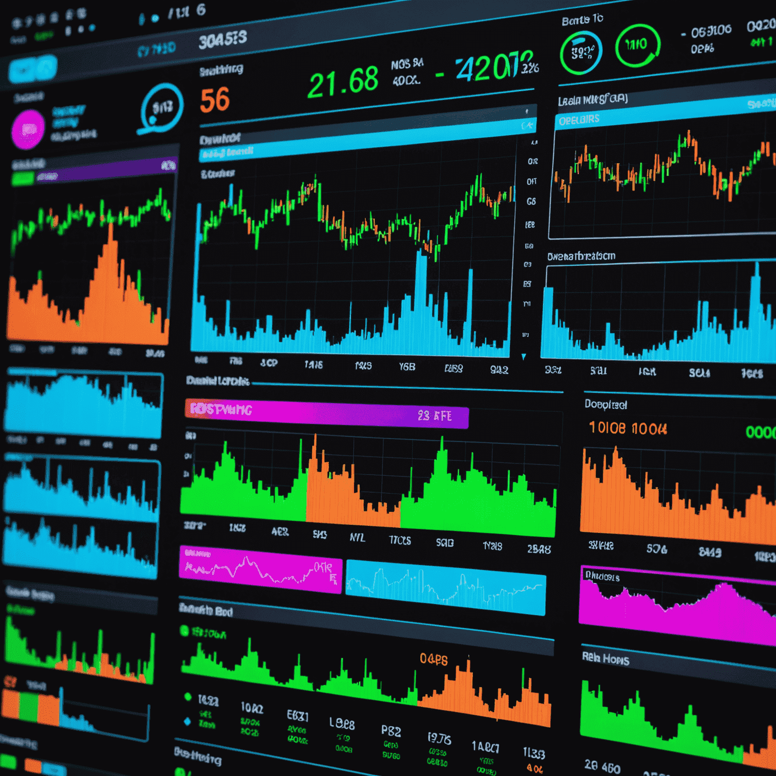 A dashboard-style image showing multiple technical indicators and oscillators such as RSI, MACD, Stochastic, and Bollinger Bands. The indicators are displayed in vibrant neon colors.