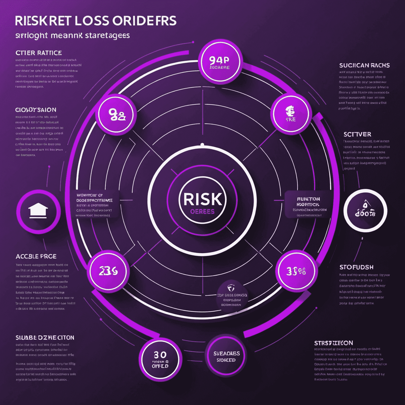 An infographic showing various risk management strategies such as stop-loss orders, position sizing, and diversification. The image uses neon purple elements to highlight key points.